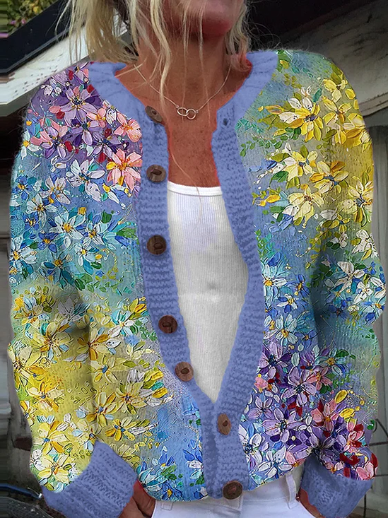 Damen Gestrickt 3d Drucken Langarm Bequem Lässig Strickjacke
