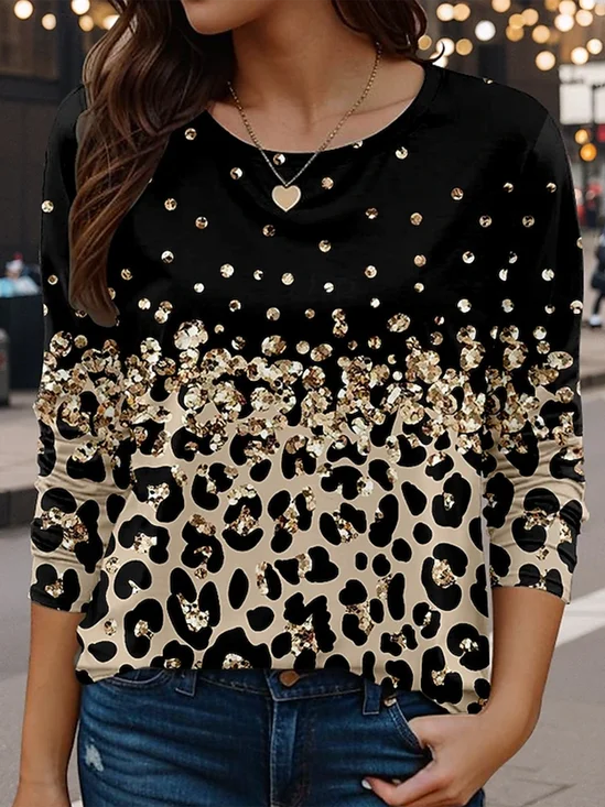 Lässig Leopard Rundhals Langarm T-Shirt
