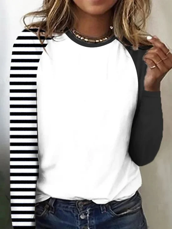 Lässig Gestreift Rundhals Langarm T-Shirt