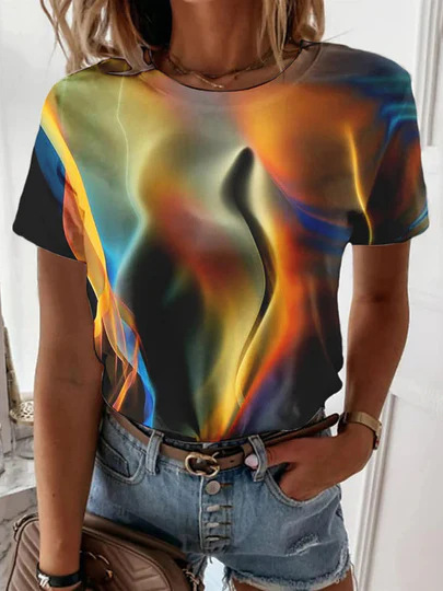 Lässig Farbblock Rundhals Kurzarm T-Shirt
