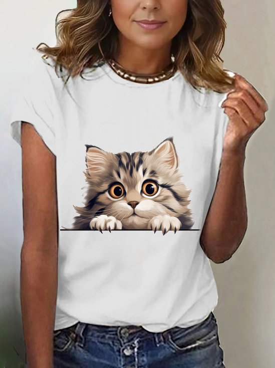Lässig Katze Rundhals Kurzarm T-Shirt