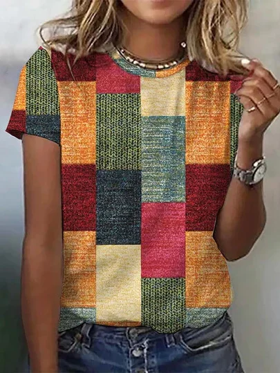 Lässig Geometrisch Rundhals Kurzarm T-Shirt