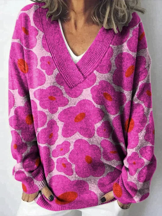 Damen Geblümt Langarm Bequem Retro Pullover