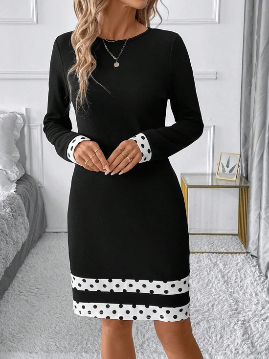 Damen Multifarben Block Rundhals Langarm Bequem Retro Minikleid