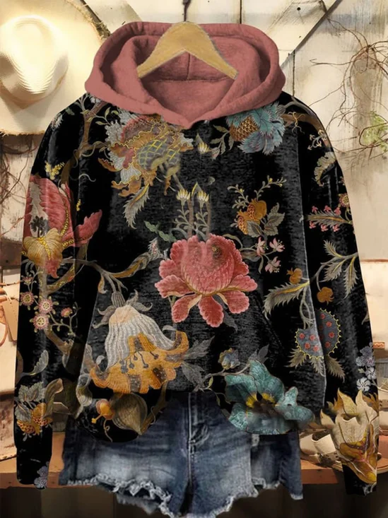 Lässig Kapuze Geblümt Sweatshirt