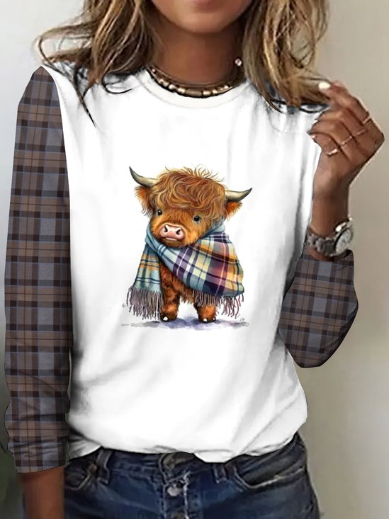 Retro Kariert Rundhals Langarm T-Shirt