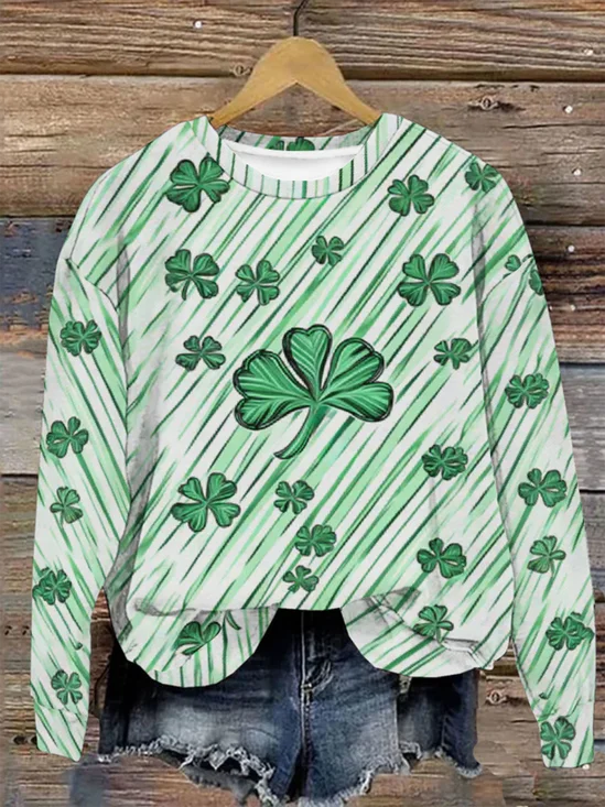 Lässig Rundhals vierblättriges Kleeblatt Sweatshirt