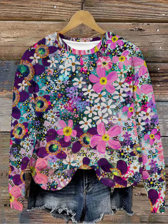 Lässig Rundhals Geblümt Sweatshirt