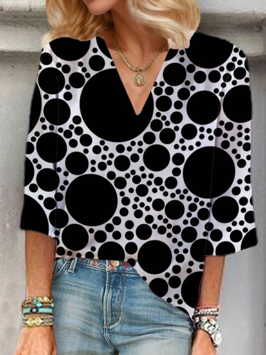 V-Ausschnitt Dreiviertelärmel Polka Dots Regelmäßig Weit Bluse für Damen