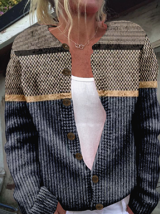 Damen Gestrickt Gestreift Langarm Bequem Retro Strickjacke