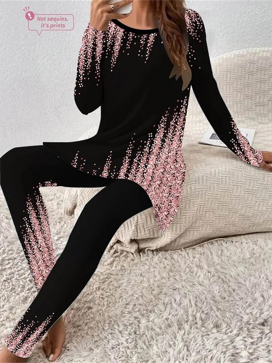 Damen Abstrakt Rundhals Langarm Bequem Lässig Bluse mit Hose Zweiteiliges Set