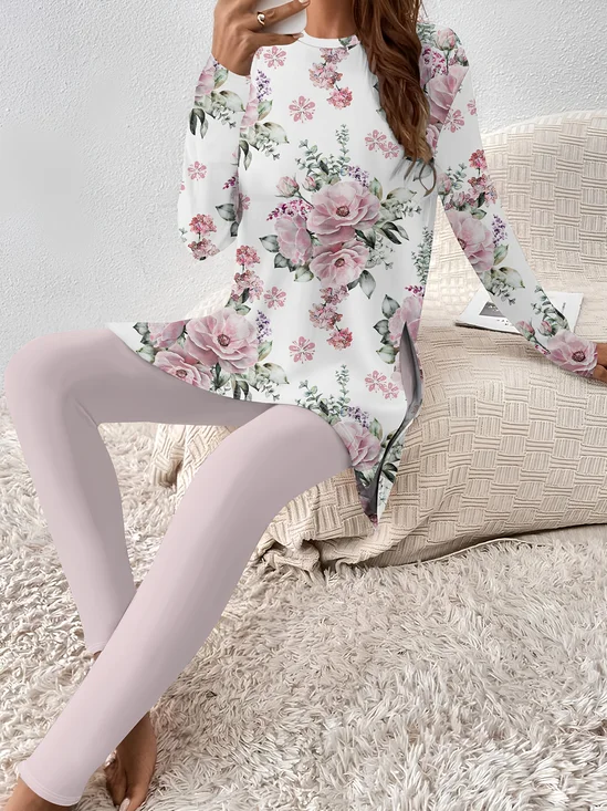 Damen Geblümt Zweiteiliges Set Täglich Langarm Lässig Frühling/Herbst Bluse mit Hose Matching Set