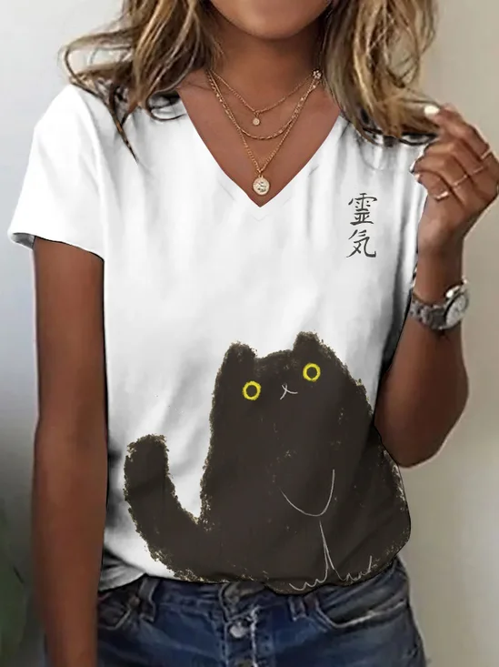 Lässig Tier V-Ausschnitt Kurzarm T-Shirt