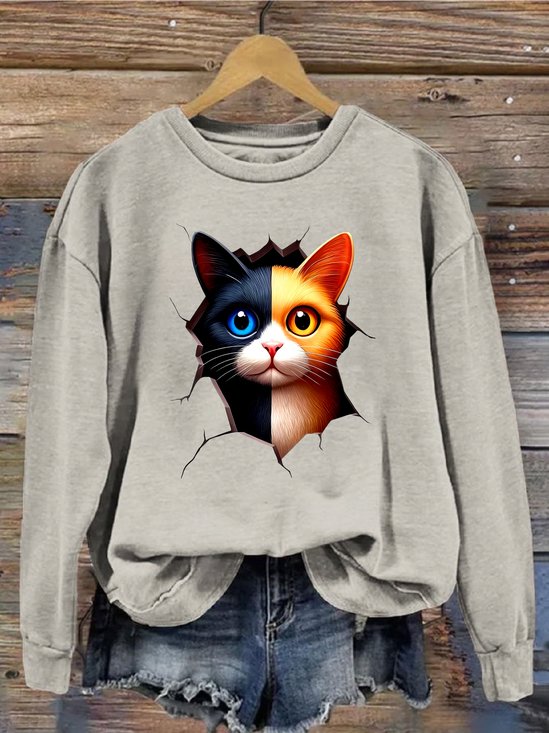 Lässig Rundhals Katze Sweatshirt