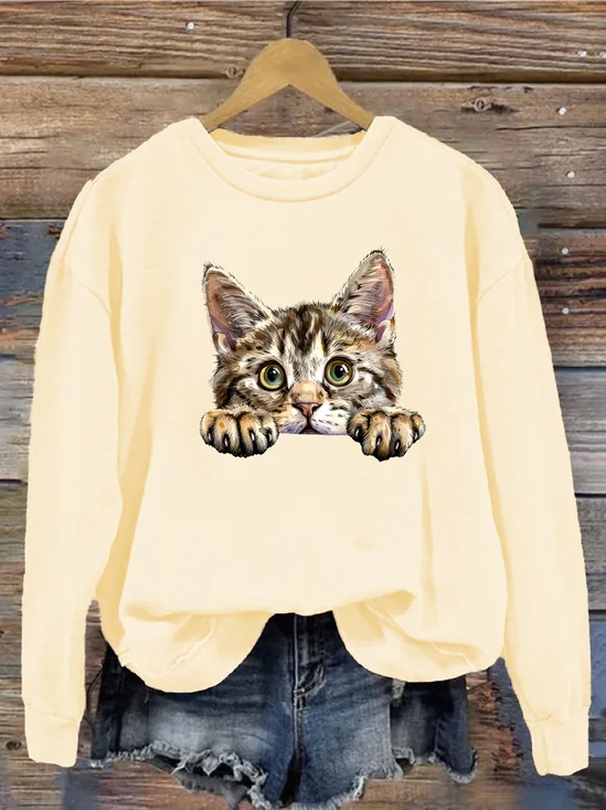 Lässig Rundhals Katze Sweatshirt