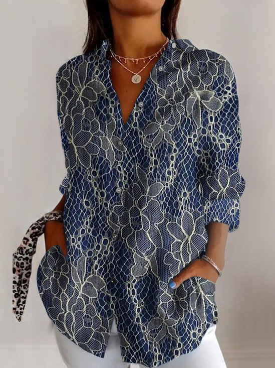 Hemdkragen Langarm Geometrisch Regelmäßig Mikroelastizität Regelmäßige Passform Bluse für Damen