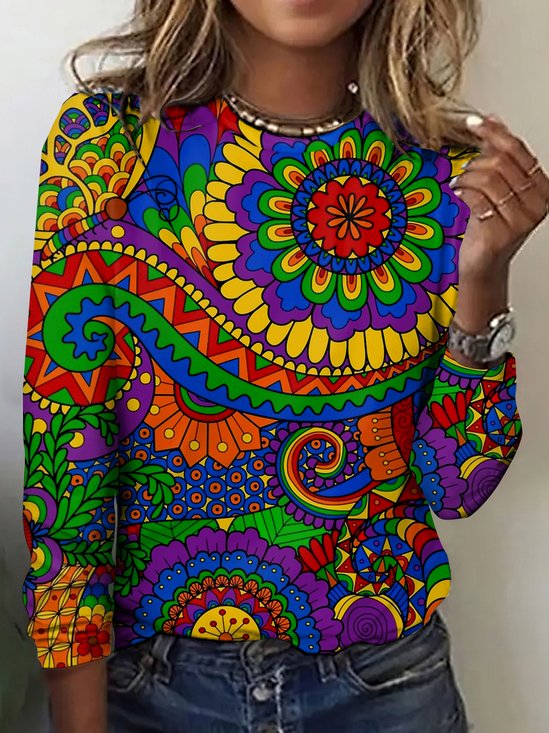 Retro Kariert Rundhals Langarm T-Shirt