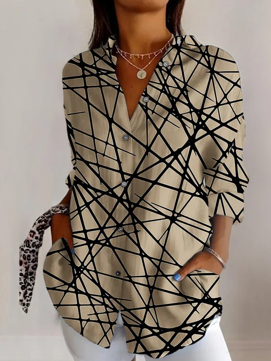 Hemdkragen Langarm Geometrisch Regelmäßig Mikroelastizität Regelmäßige Passform Bluse für Damen