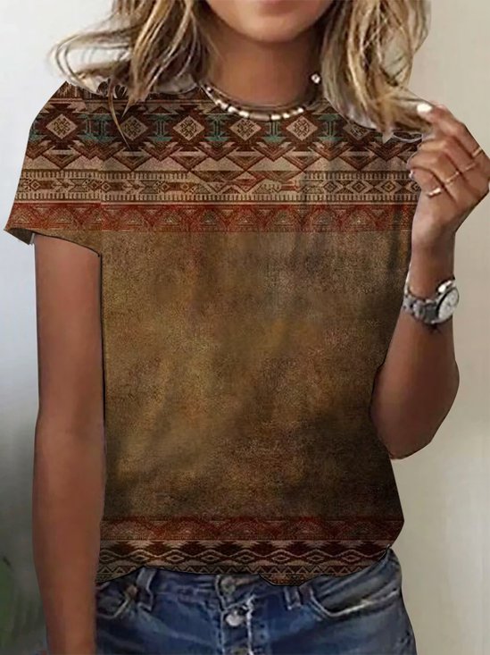Lässig Ethnisch Rundhals Kurzarm T-Shirt