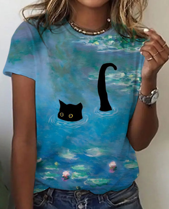 Lässig Katze Rundhals Kurzarm T-Shirt