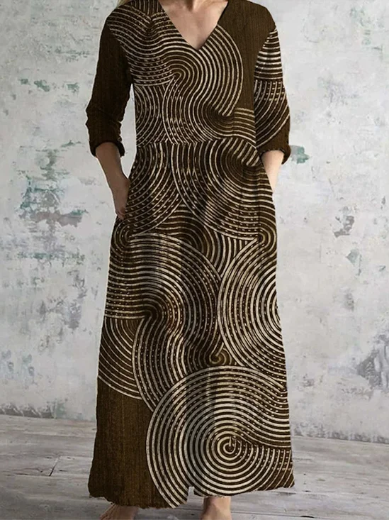 Damen Geblümt V-Ausschnitt Langarm Bequem Retro Maxikleid