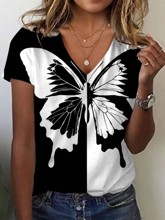 Lässig Schmetterling V-Ausschnitt Kurzarm T-Shirt