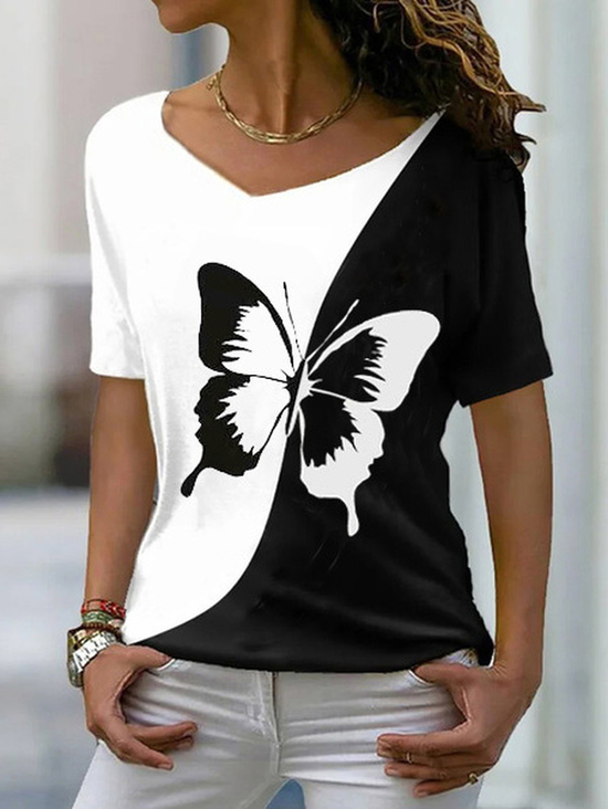 Lässig Schmetterling V-Ausschnitt Kurzarm T-Shirt
