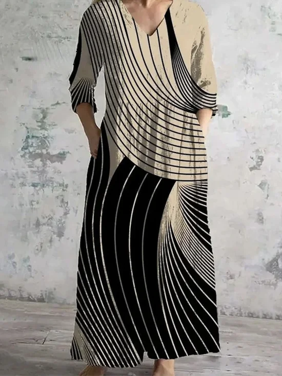 Damen Geblümt V-Ausschnitt Langarm Bequem Retro Maxikleid