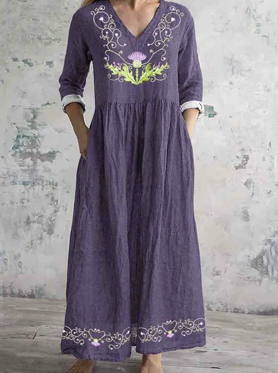 Damen Geblümt V-Ausschnitt Langarm Bequem Retro Maxikleid