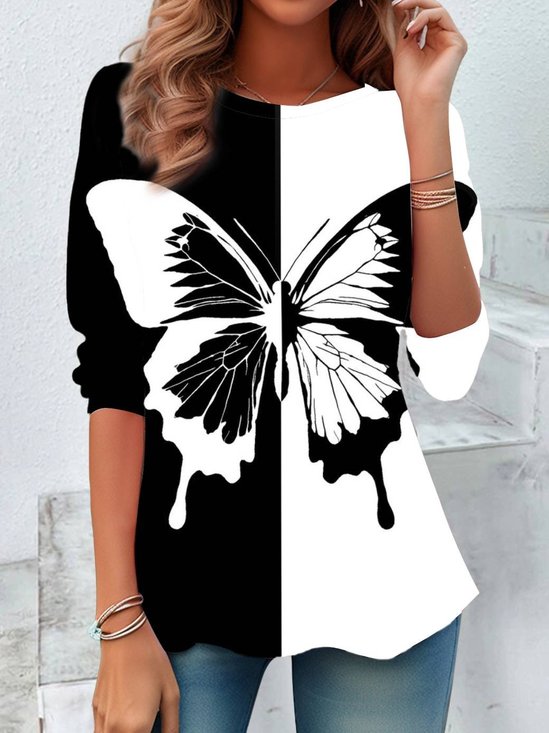Lässig Schmetterling Rundhals Langarm T-Shirt
