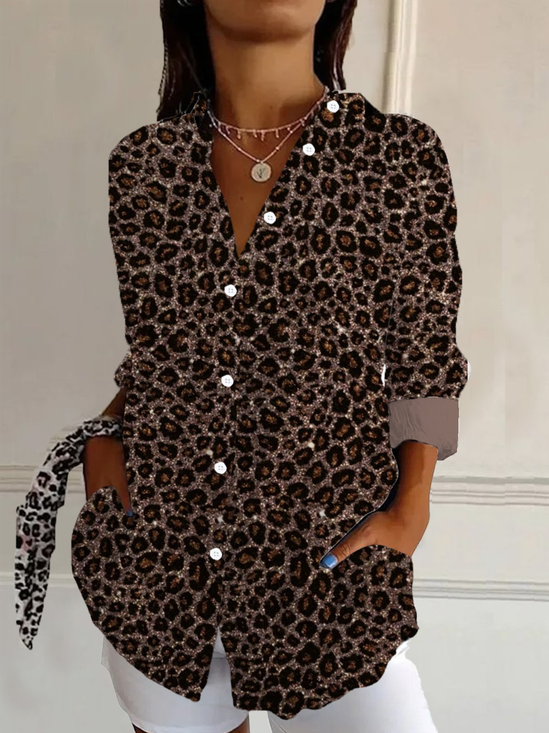 Hemdkragen Langarm Leopard Regelmäßig Weit Bluse für Damen