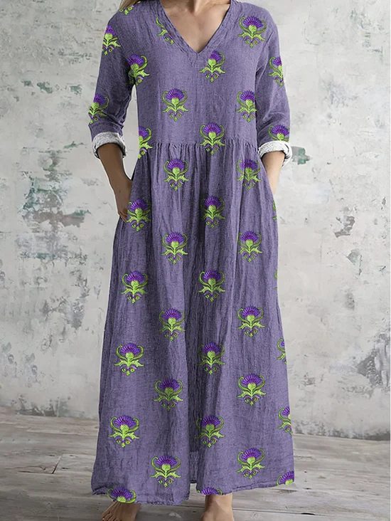 Damen Geblümt V-Ausschnitt Langarm Bequem Retro Maxikleid