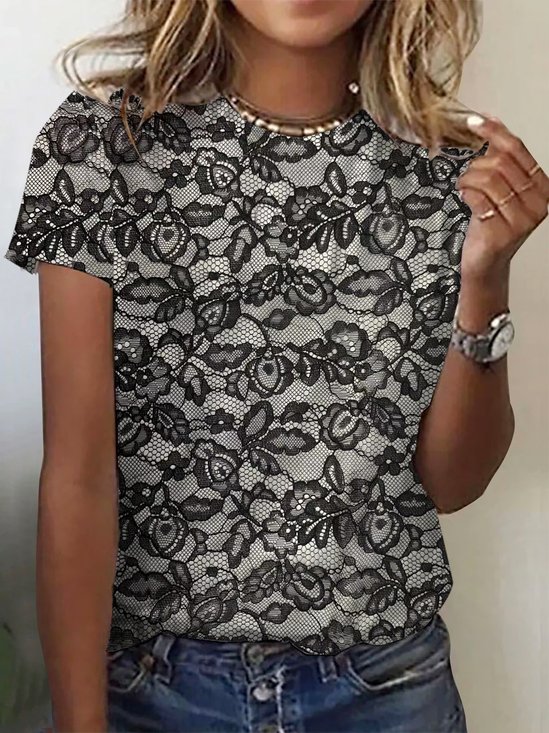Lässig Geblümt Rundhals Kurzarm T-Shirt