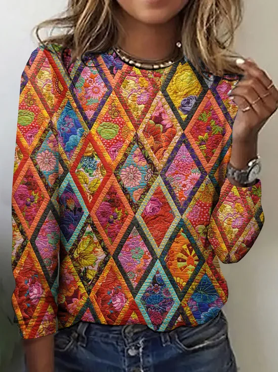 Retro Kariert Rundhals Langarm T-Shirt