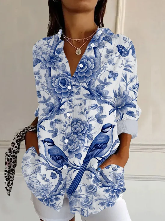 Hemdkragen Langarm Geblümt Schnalle Regelmäßig Weit Knopfhemd Bluse für Damen