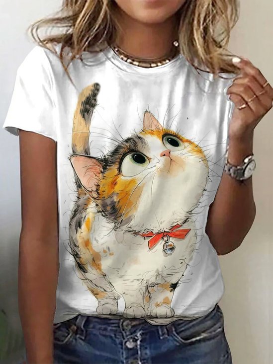 Lässig Katze Rundhals Kurzarm T-Shirt