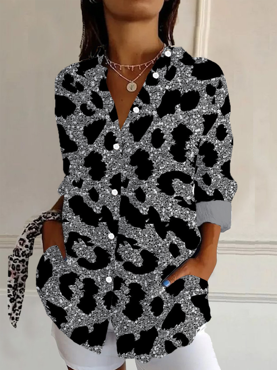 Hemdkragen Langarm Leopard Schnalle Regelmäßig Weit Knopfhemd Bluse für Damen