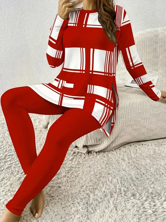 Damen Kariert Rundhals Langarm Bequem Lässig Print Bluse mit Hose Zweiteiliges Set
