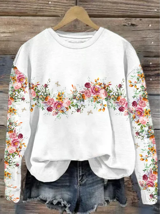 Lässig Rundhals Geblümt Sweatshirt Print