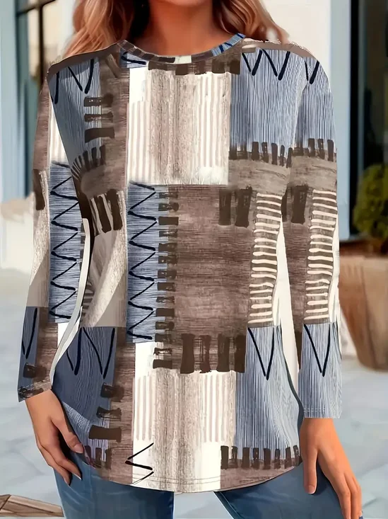Lässig Geometrisch Rundhals Langarm T-Shirt