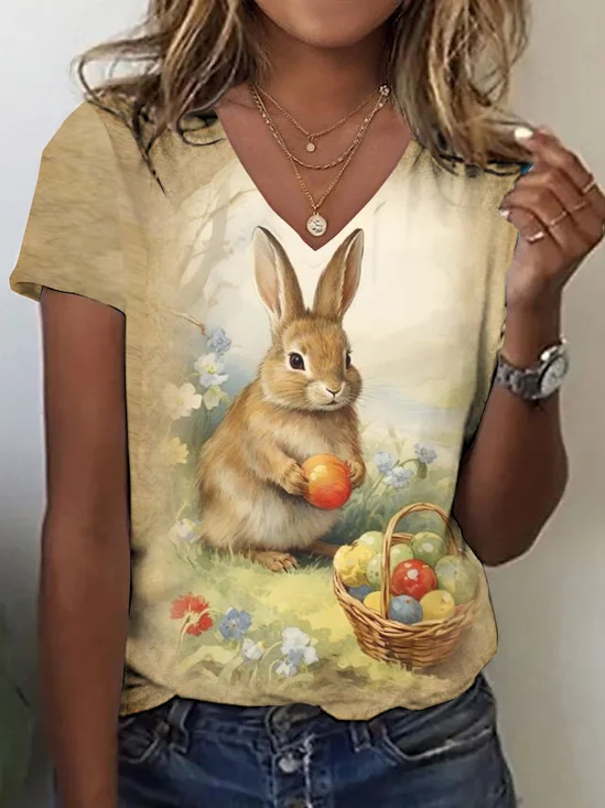Retro Tier V-Ausschnitt Kurzarm T-Shirt