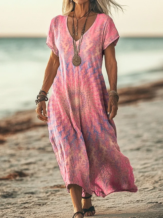 Damen Batik V-Ausschnitt Kurzarm Bequem Lässig Print Maxikleid