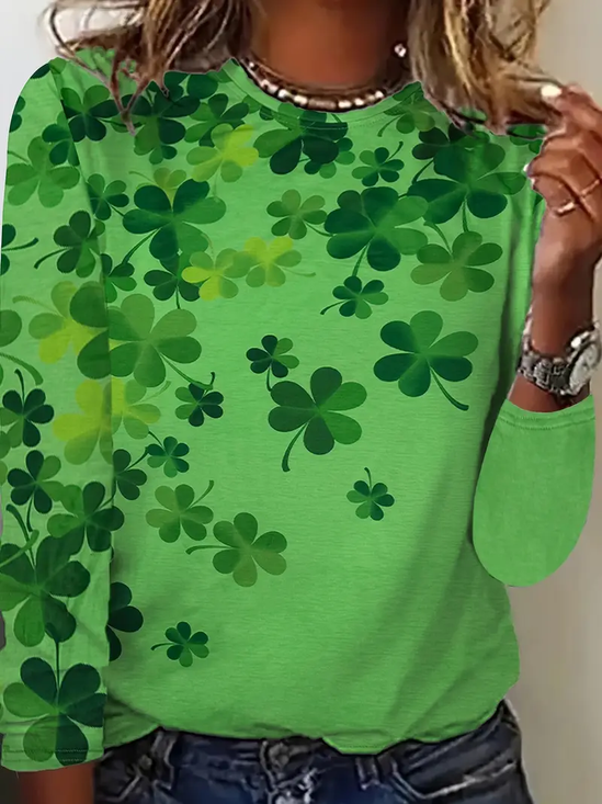 Lässig Kleeblatt Rundhals Langarm T-Shirt