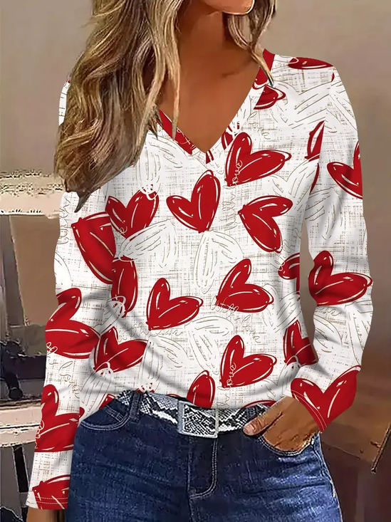 Lässig Herz/Herz V-Ausschnitt Langarm T-Shirt