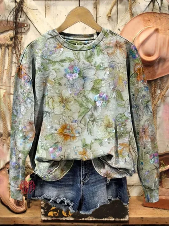 Lässig Rundhals Geblümt Sweatshirt Print