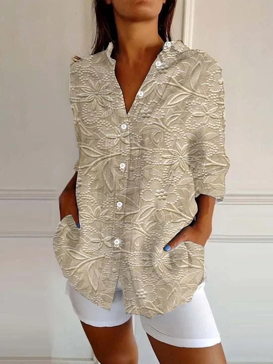 Hemdkragen Langarm 3d Drucken Regelmäßig Weit Bluse für Damen