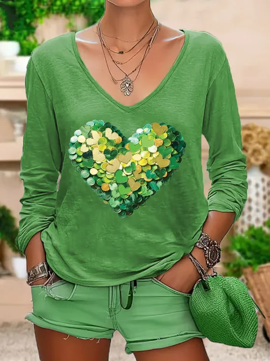 Lässig Herz/Herz V-Ausschnitt Langarm T-Shirt