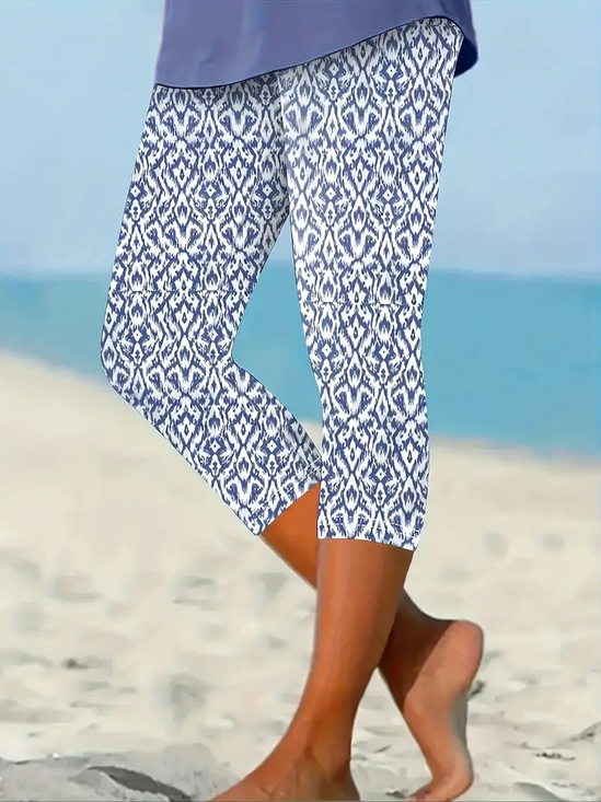 Lässig Geblümt Caprihosen Elastische Taille Print Hose