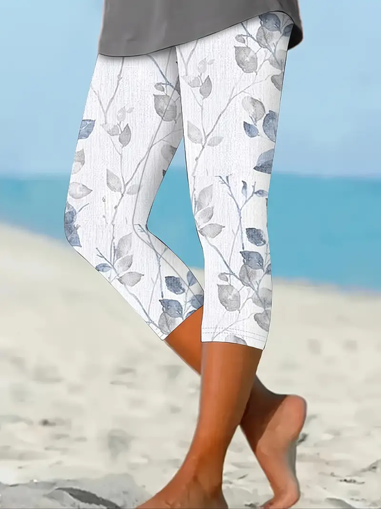Lässig Geblümt Caprihosen Elastische Taille Print Hose