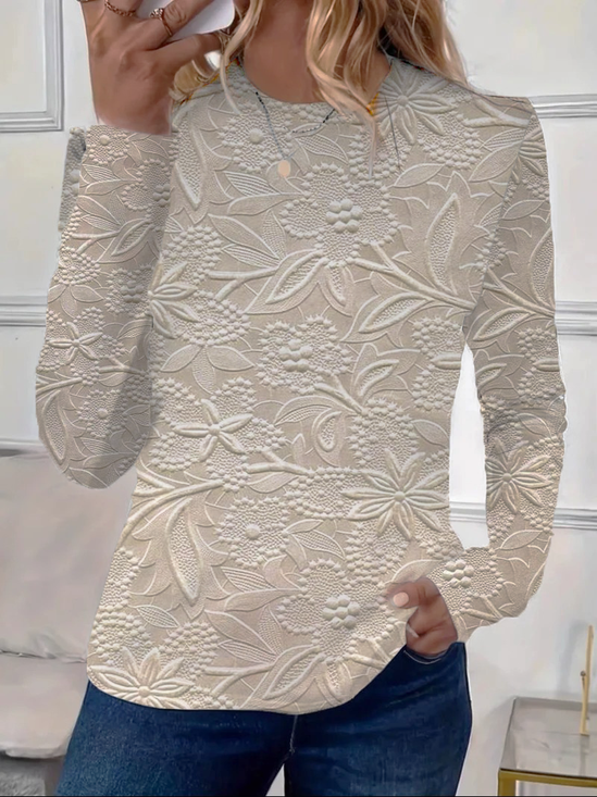 Lässig Geblümt Rundhals Langarm T-Shirt
